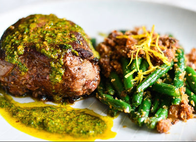 Elk Backstrap & Chermoula Sauce with Green Beans & Anchovy Breadcrumbs